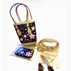 Louis Vuitton Monogram Mini Bucket Bag with Pink Floral Print and Natural Trim
